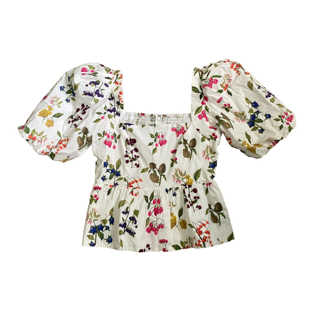 Cara Cara Cropped Cotton Top Womens M Puff Sleeve Fruit Cottage Boho $395